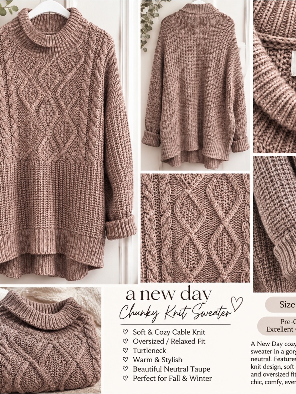 a new day Neutral Taupe Chunky Cable Turtleneck Sweater NWT